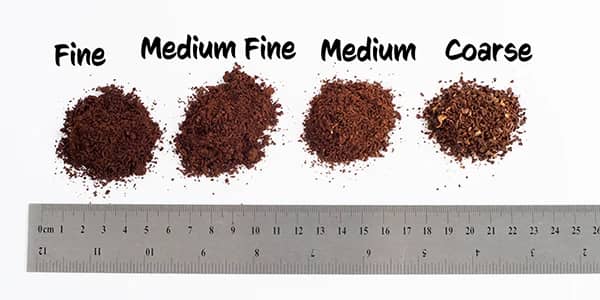 Ethiopian coffee grind size comparison showing coarse, medium, and fine grinds beside a burr grinder